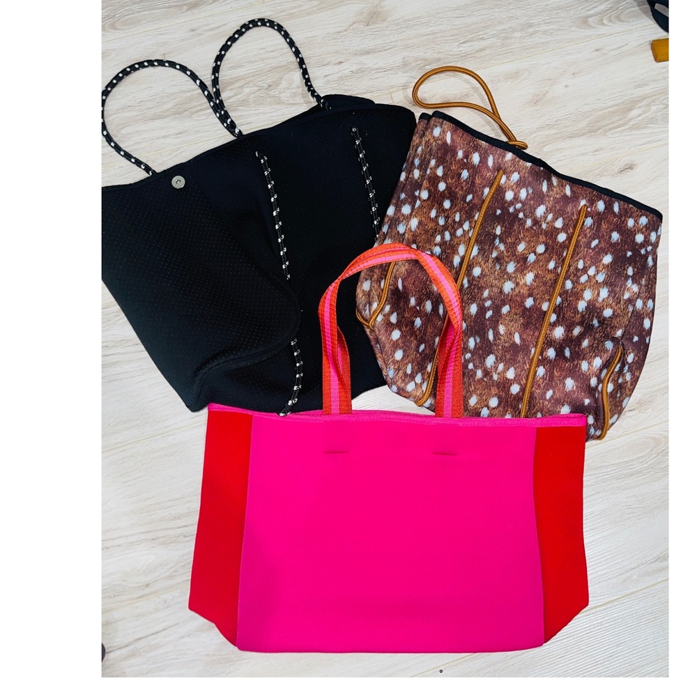 Lot of 3 Neoprene Tote Bags Fawn Deer Print Black Perforated Pink Colorblock‎